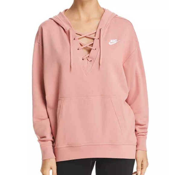 Nike Sweaters - Nike Sportswear French Terry Pink Lace-Up Hoodie